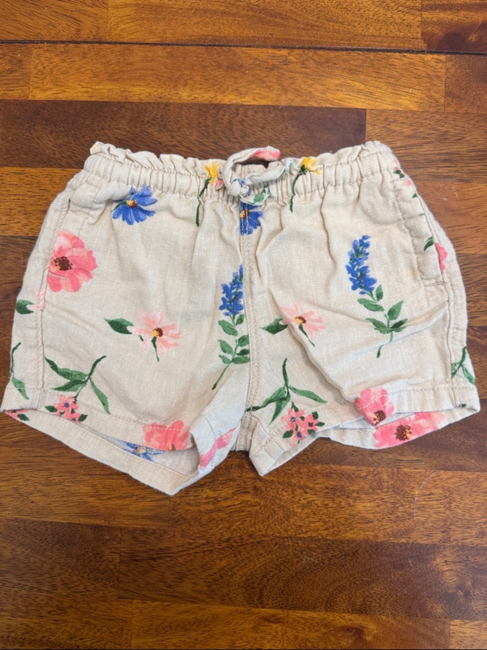 Girls' Floral Linen-Blend Drawstring Shorts - Beige with Pink & Blue Flowers